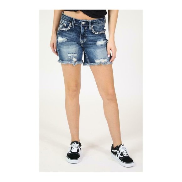 Grace in LA Pants - Grace in LA Women's Western Embellished Distressed Denim Stretch Jean Shorts